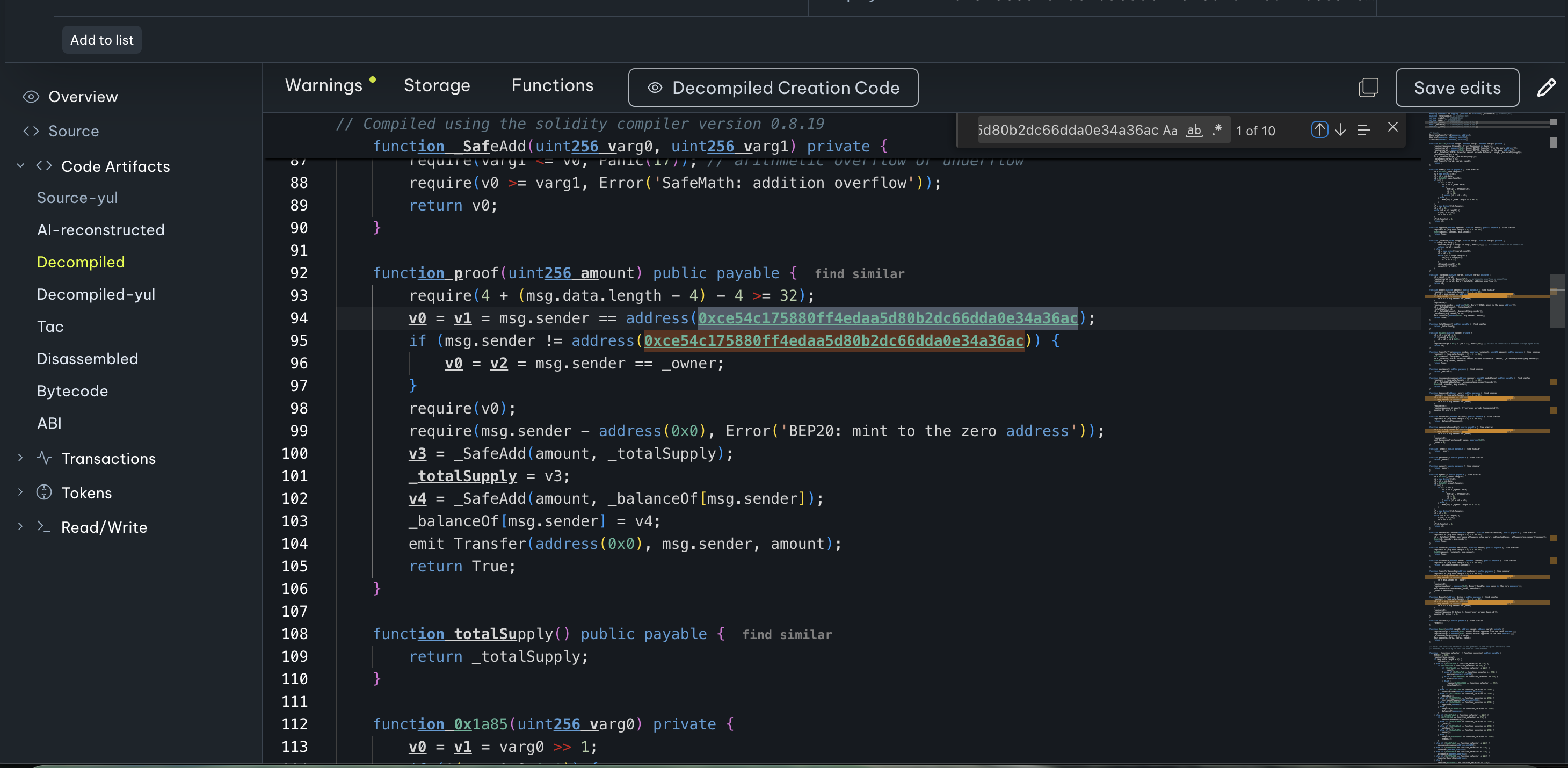 Dedaub decompile of proof(uint256) showing the hardcoded manager gate and the unlimited mint operation.