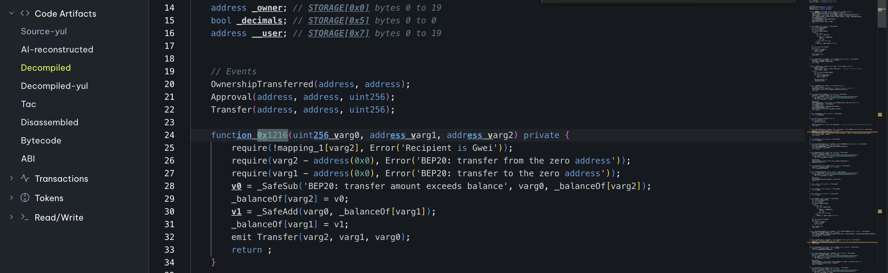 Dedaub decompile of the _transfer trap: the sender's blacklist status is checked, but the revert message points at the recipient.
