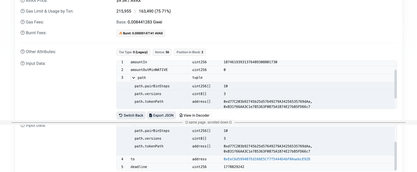 Snowscan calldata for a drain swap: amountIn is the fingerprint trailing digits, amountOutMin is zero, and the to parameter is the collector wallet.